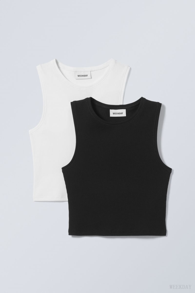 Weekday 2-pack Pure Crop Tank Top Black White | HVUV8871