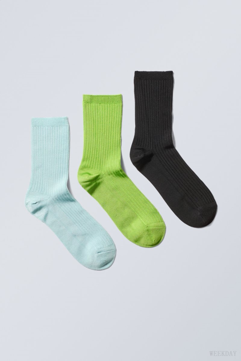 Weekday 3-pack Lova Shiny Socks Blue Green Black | UHNA7169