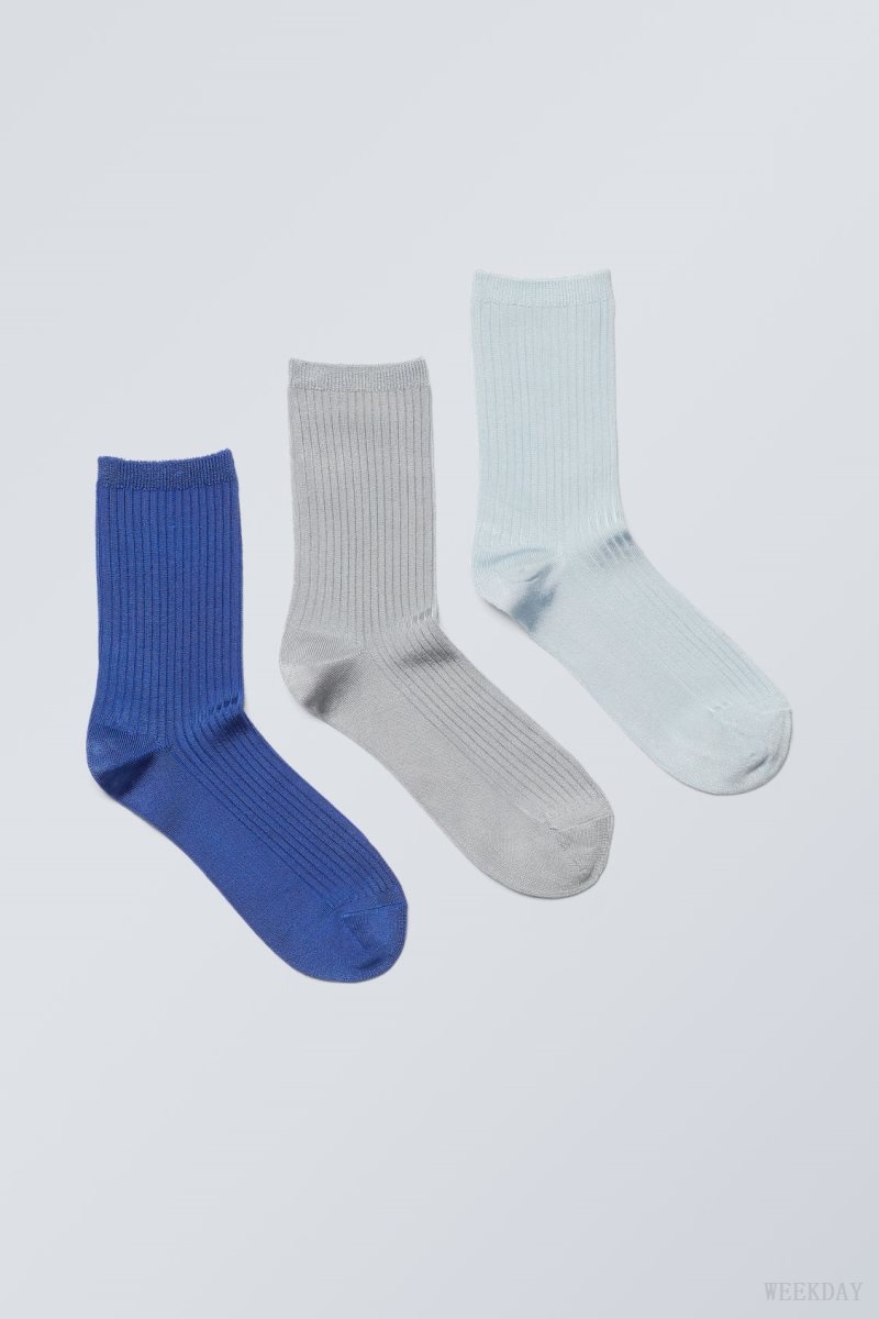 Weekday 3-pack Lova Shiny Socks Blue Grey | HHYM6928