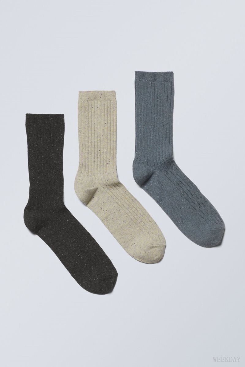 Weekday 3-pack Rib Neps Socks Black Beige Blue | KNCW1451