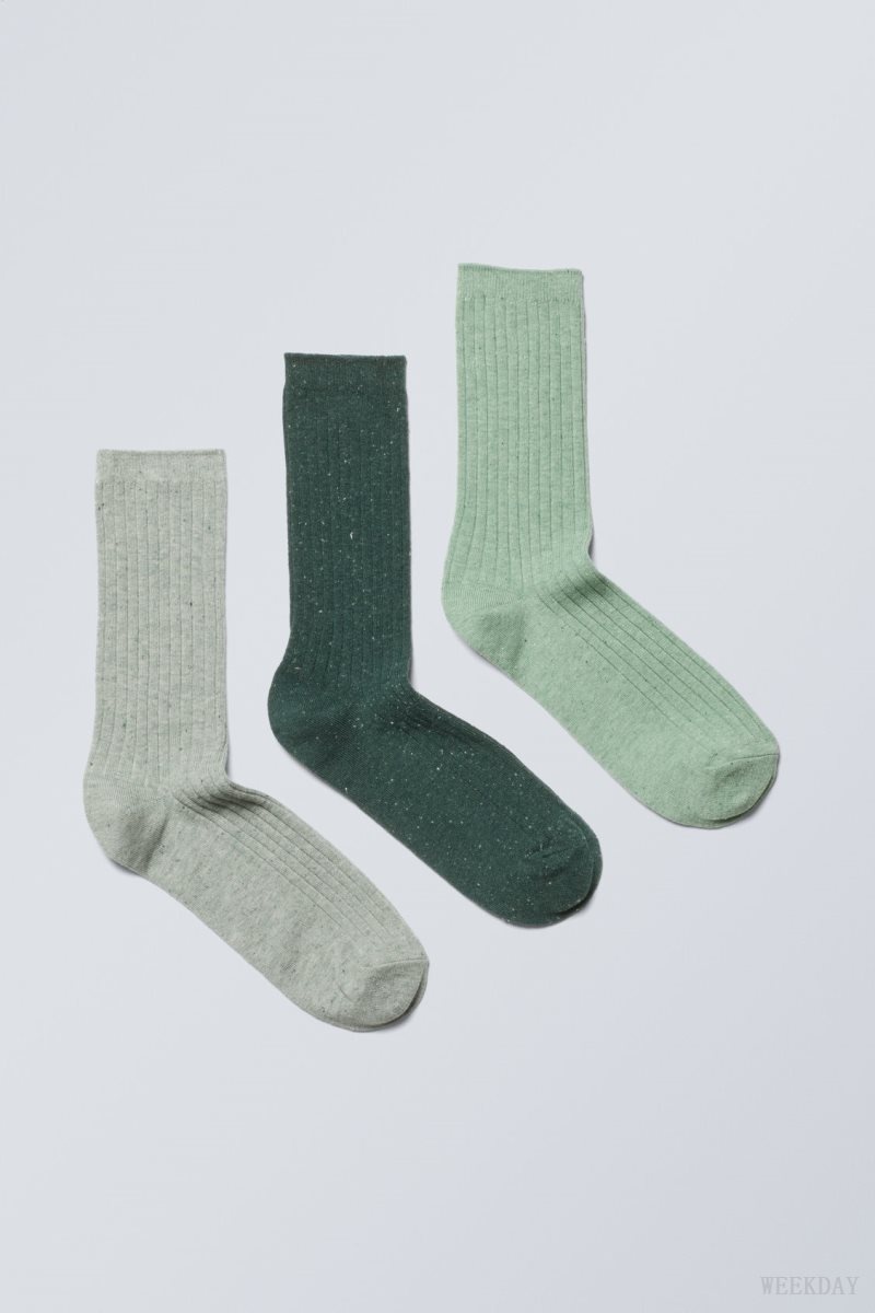 Weekday 3-pack Rib Neps Socks Green | HGMH2368