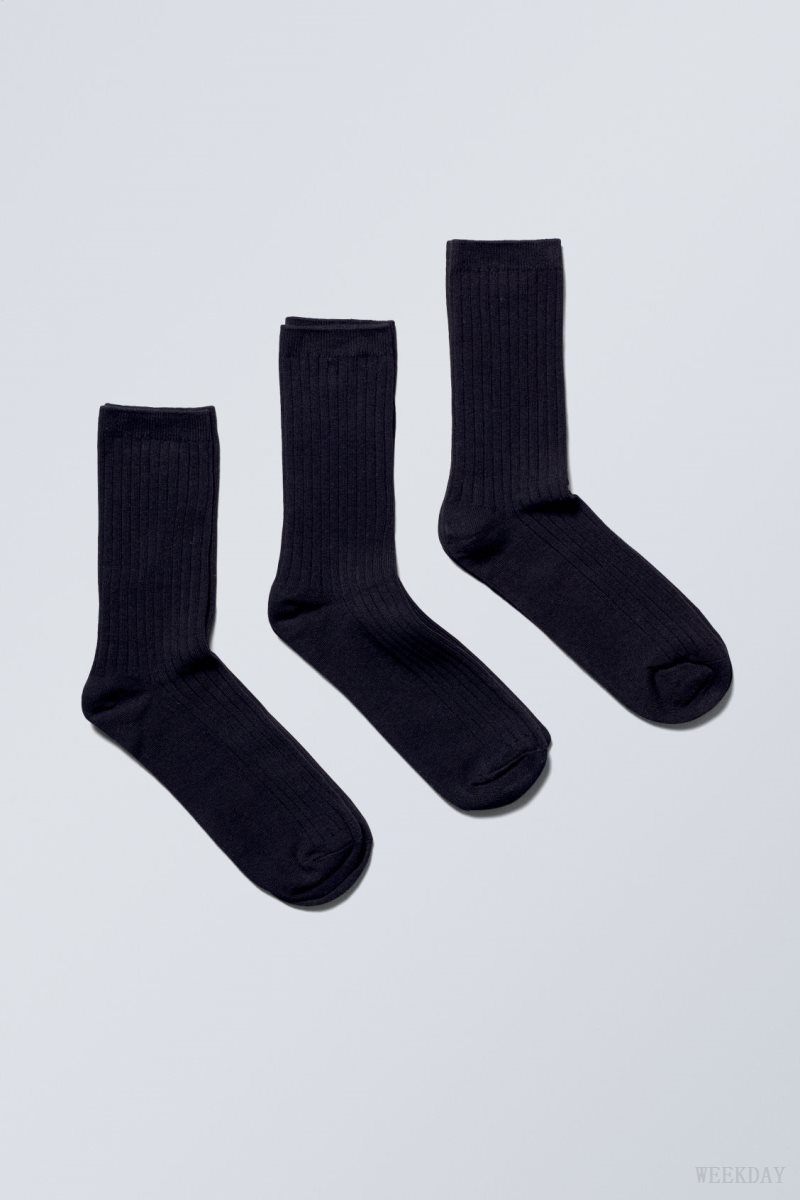 Weekday 3-pack Rib Socks Black | QBAX3916