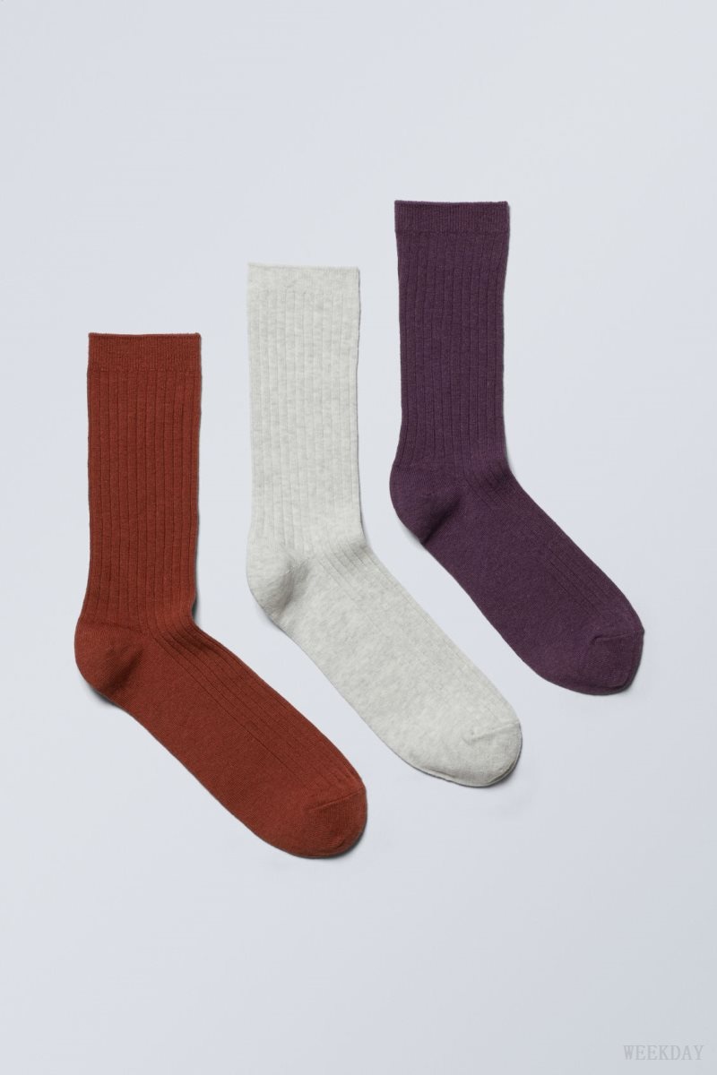 Weekday 3-pack Rib Socks Orange Beige Purple | MEDG0974