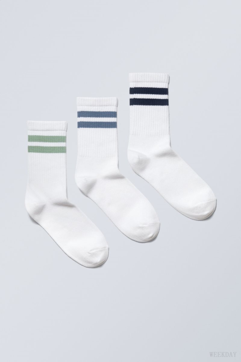 Weekday 3-pack Sport Striped Socks Black Blue Green Stripes | DWVH9829