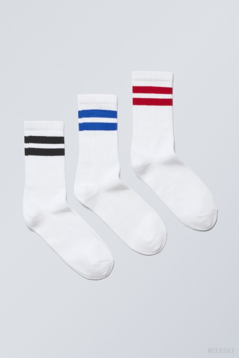 Weekday 3-pack Sport Striped Socks Blue Black Red Stripes | QTGG1533