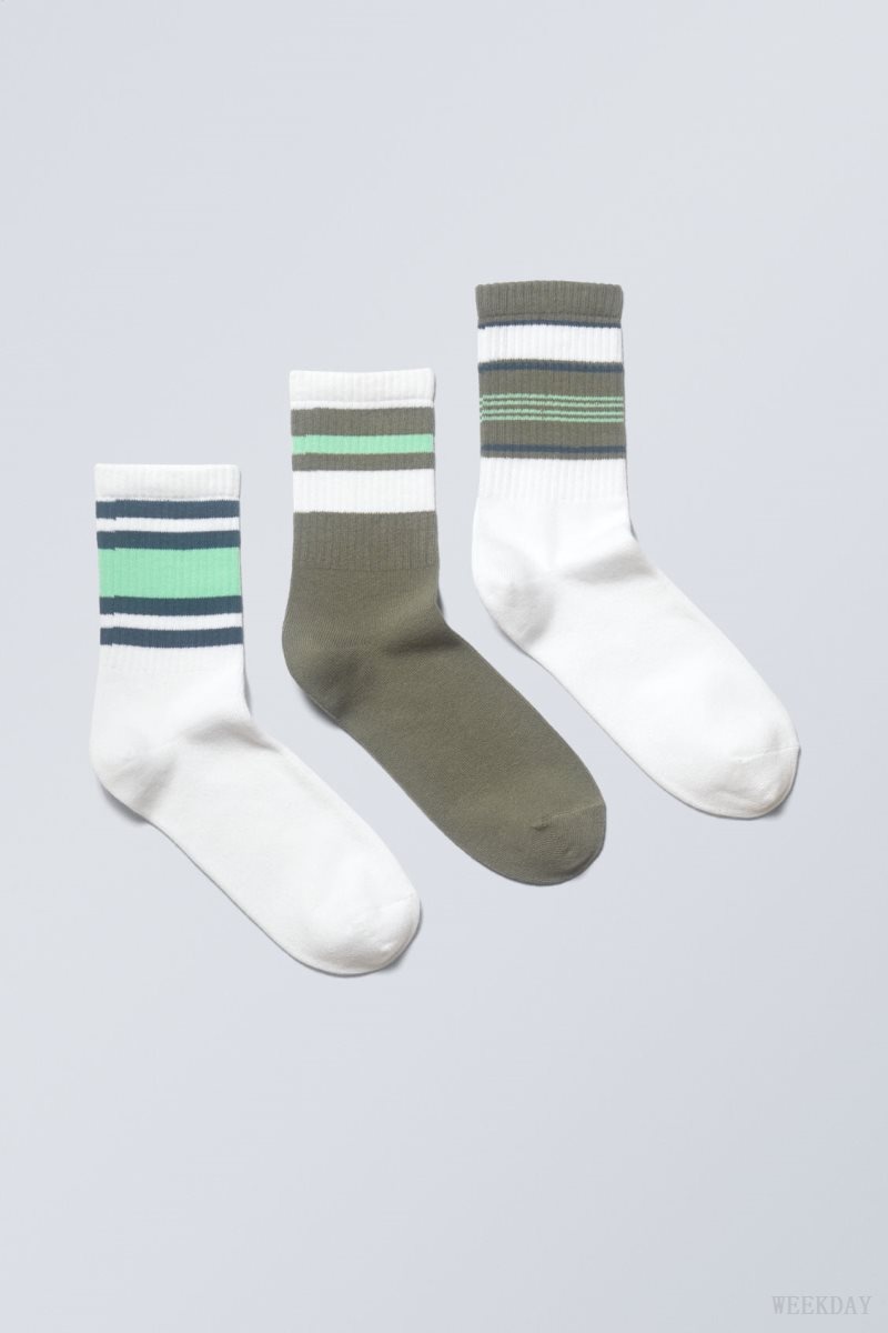 Weekday 3-pack Striped Sport Socks Green Stripes | MOWY0524