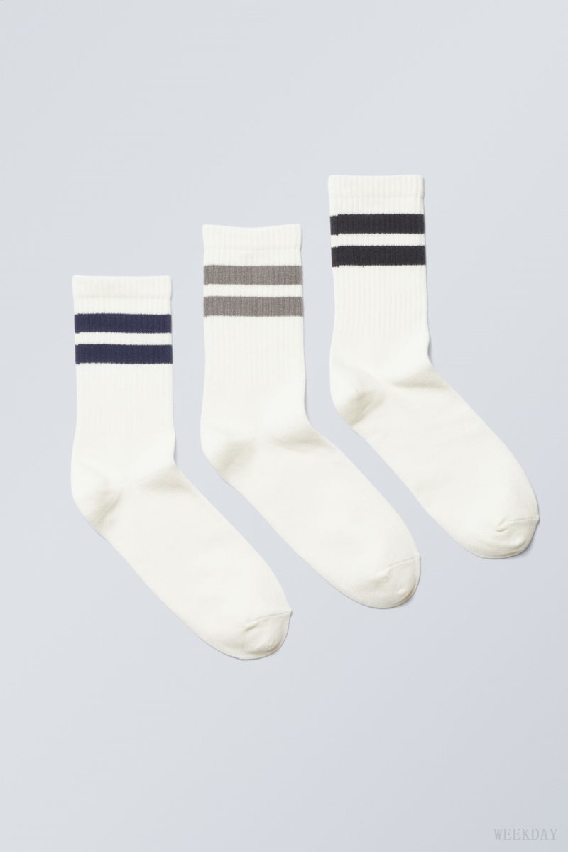 Weekday 3-pack Striped Sport Socks Grey Navy Black Stripes | HHUE3696