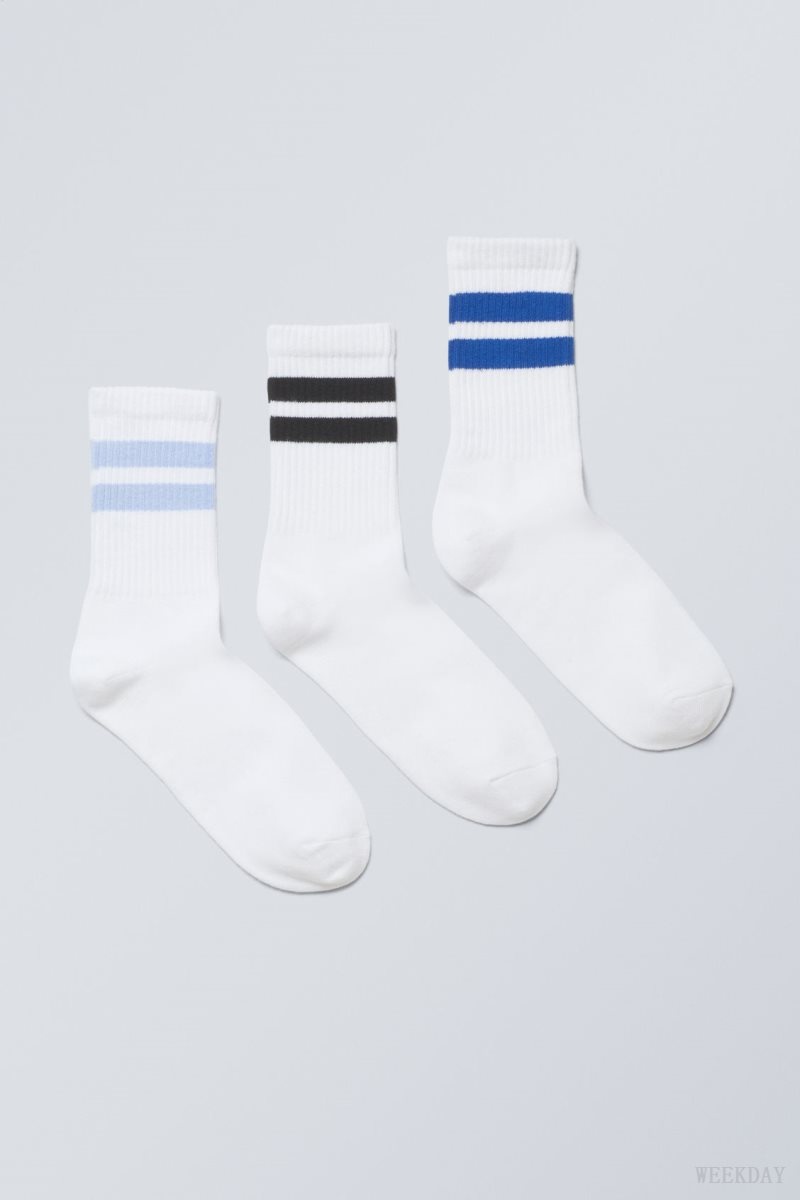 Weekday 3-pack Striped Sport Socks Light Blue Stripes | MRJL8039