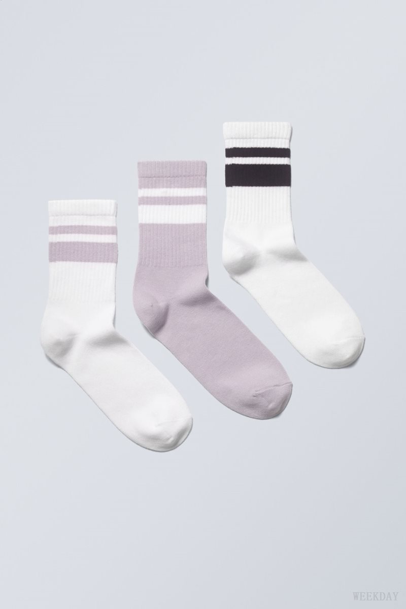 Weekday 3-pack Striped Sport Socks Purple Black Stripes | IXKV8417