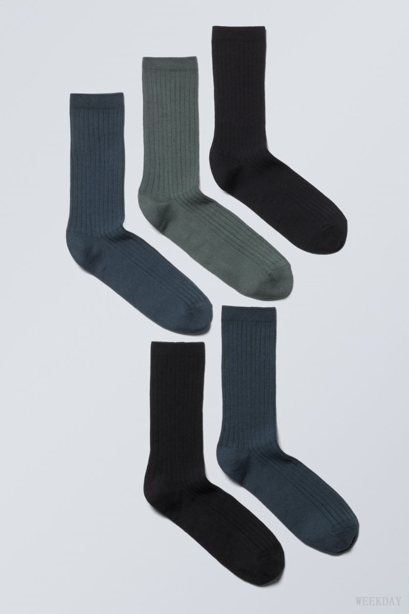 Weekday 5-pack Rib Socks Dark Grey Blue Green | HOHA3548