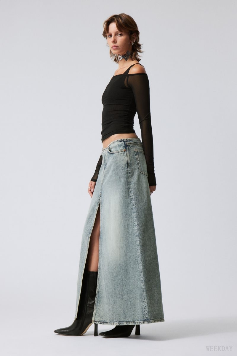 Weekday Anaheim Long Denim Skirt Blue | XFNL1136