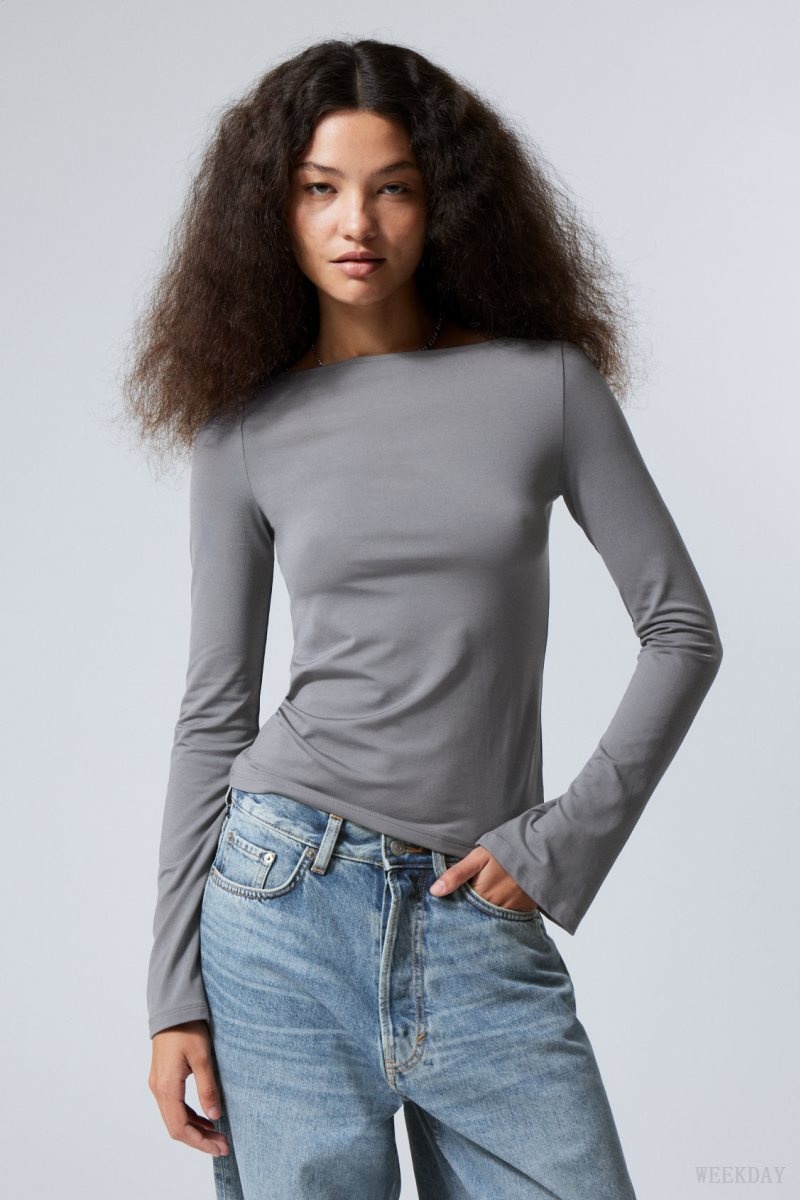 Weekday Annie Boatneck Long Sleeve Top Dark Grey | BDHG0442