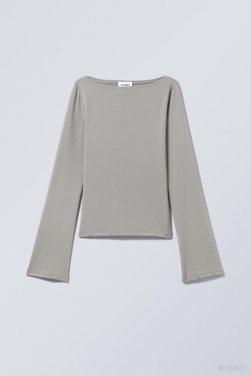 Weekday Annie Boatneck Long Sleeve Top Grey | VQWC1145