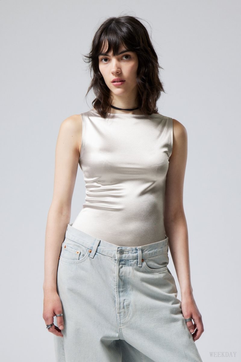 Weekday Annie Metallic Boatneck Top Light Grey | VDYT3502