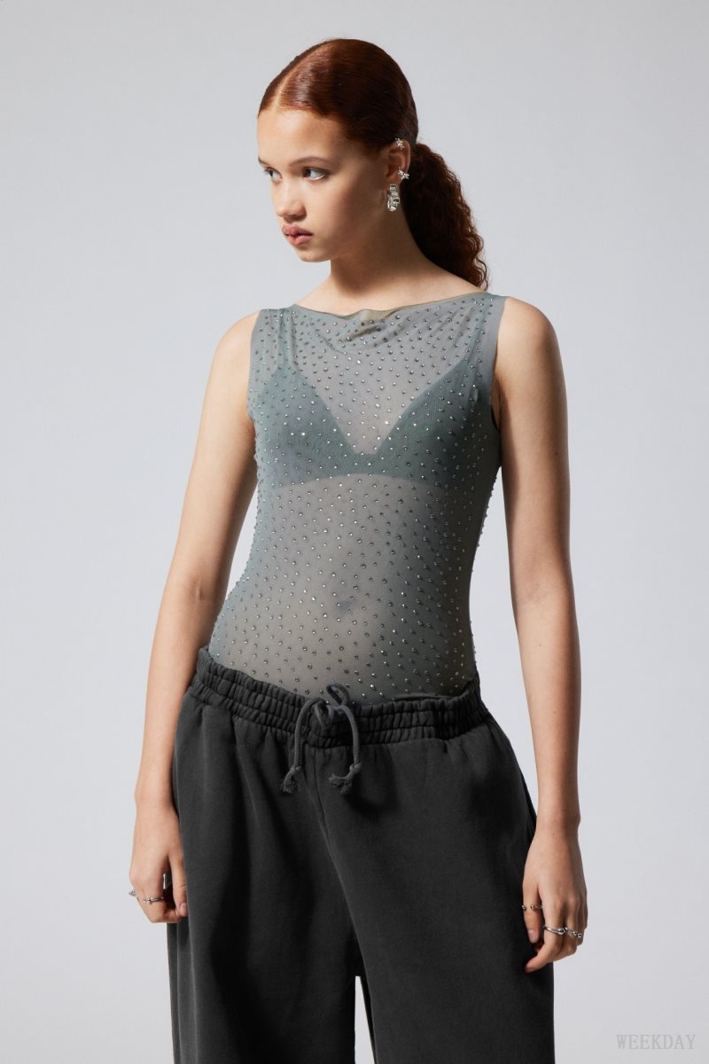 Weekday Annie Rhinestone Mesh Top Grey | HTIR1318