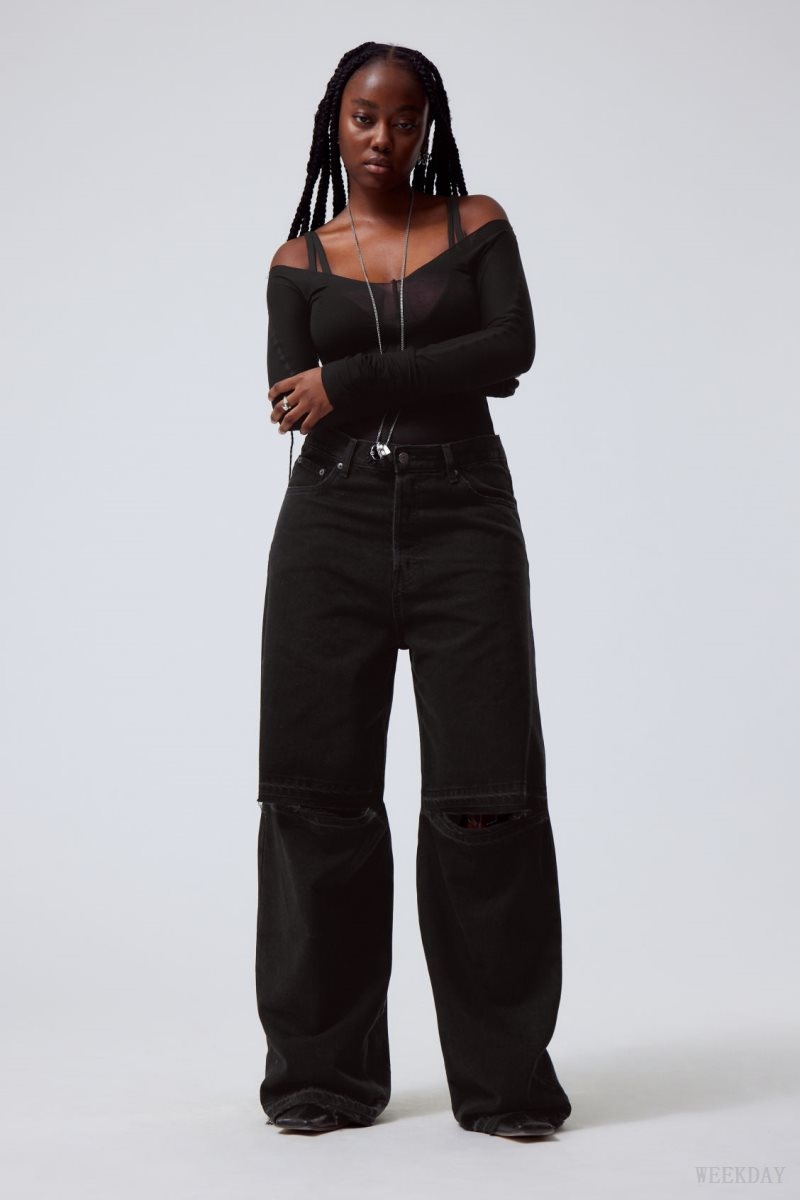 Weekday Astro Baggy Open Knee Jeans Black | DYSX4675