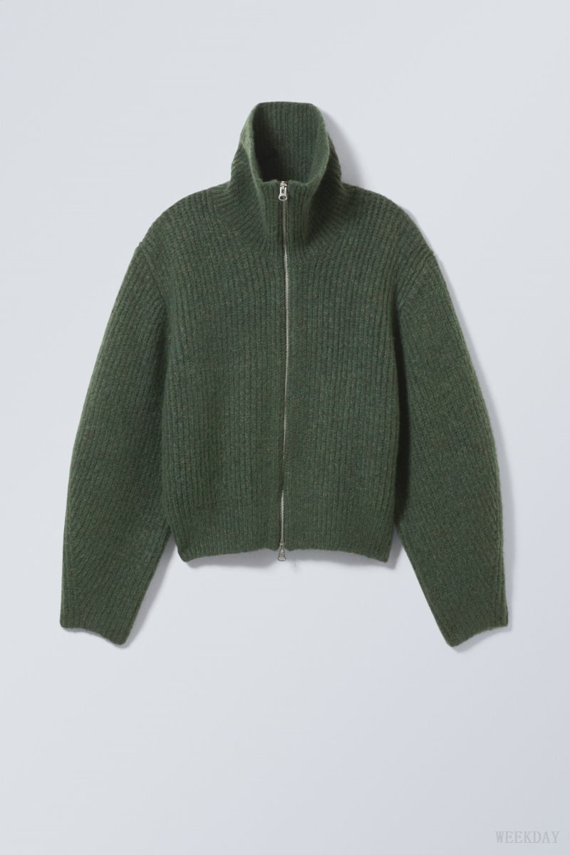 Weekday Bea Zip Cardigan Dark Green | KKOK6700