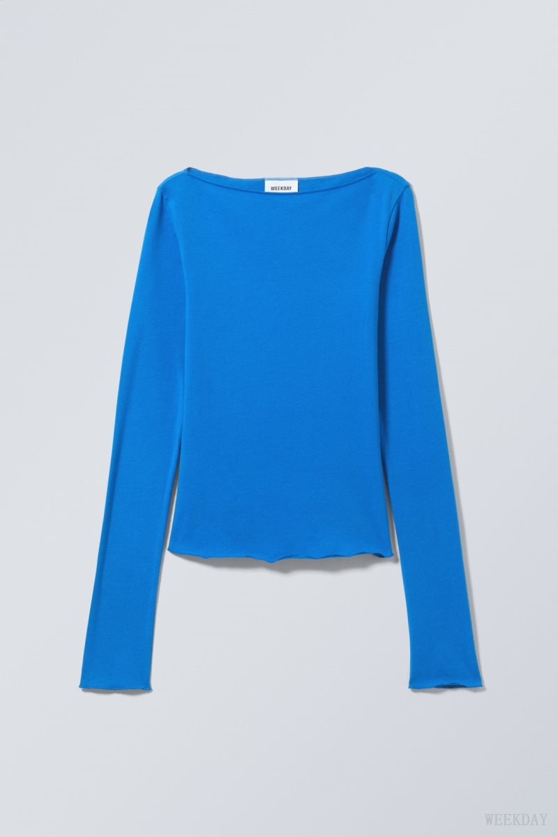 Weekday Boatneck Cotton Longsleeve Light Blue | OZPL6875