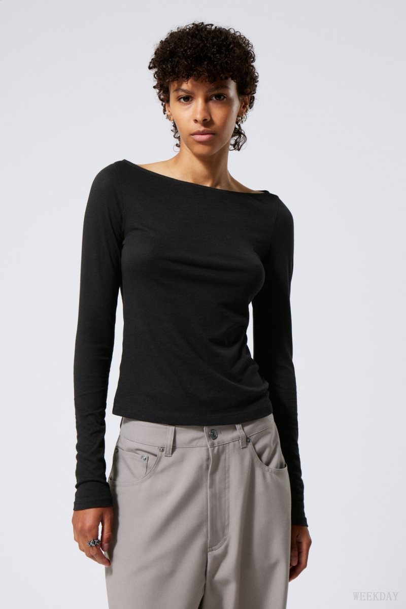 Weekday Boatneck Fitted Long Sleeve Top Black | YVDS0477