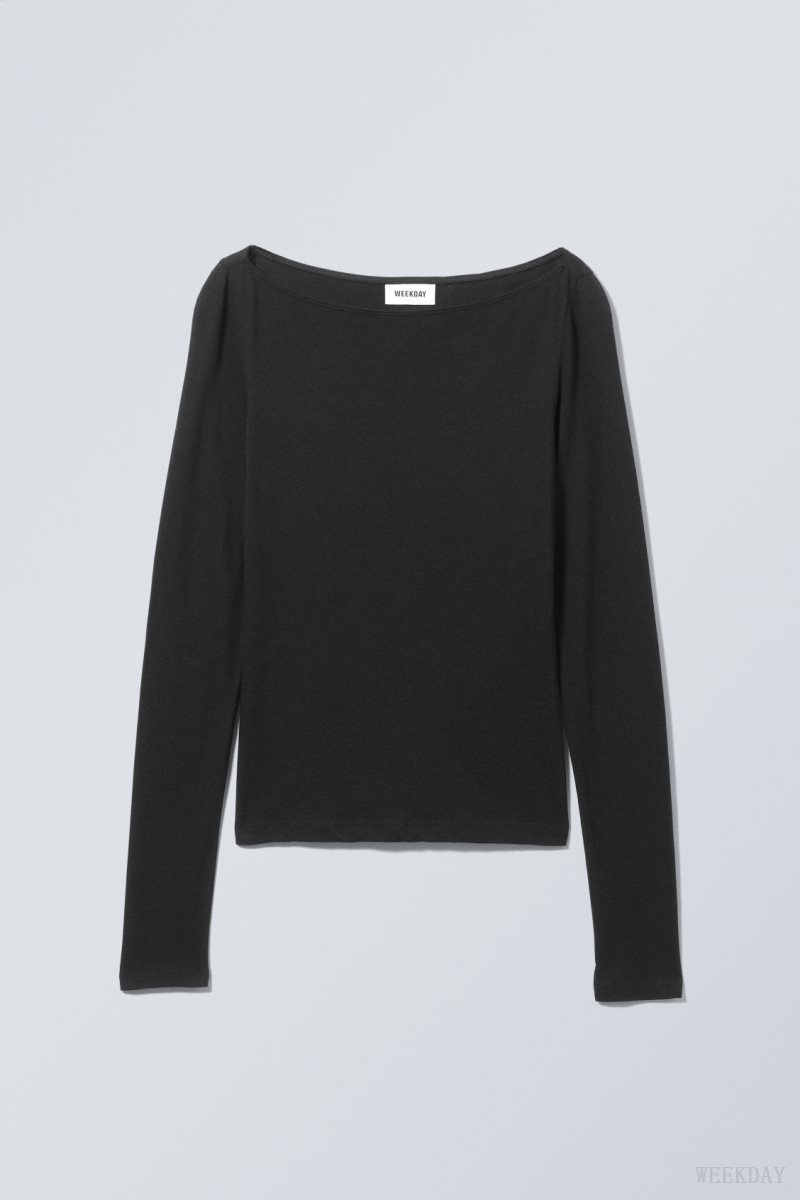 Weekday Boatneck Fitted Long Sleeve Top Black | YVDS0477