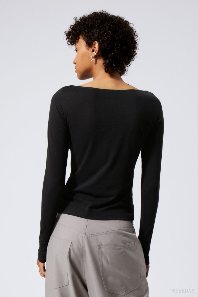 Weekday Boatneck Fitted Long Sleeve Top Black | YVDS0477