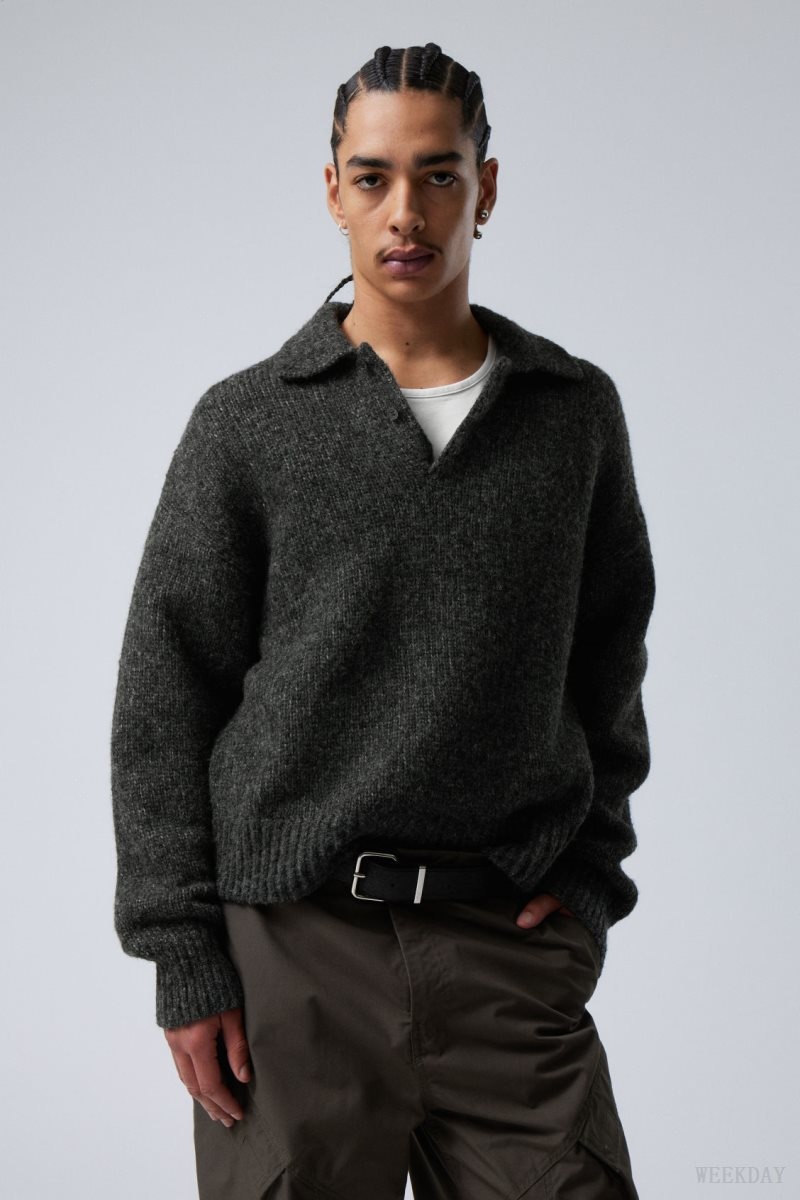 Weekday Bobby Relaxed Knitted Polo Sweater Dark Grey | DZIL8635