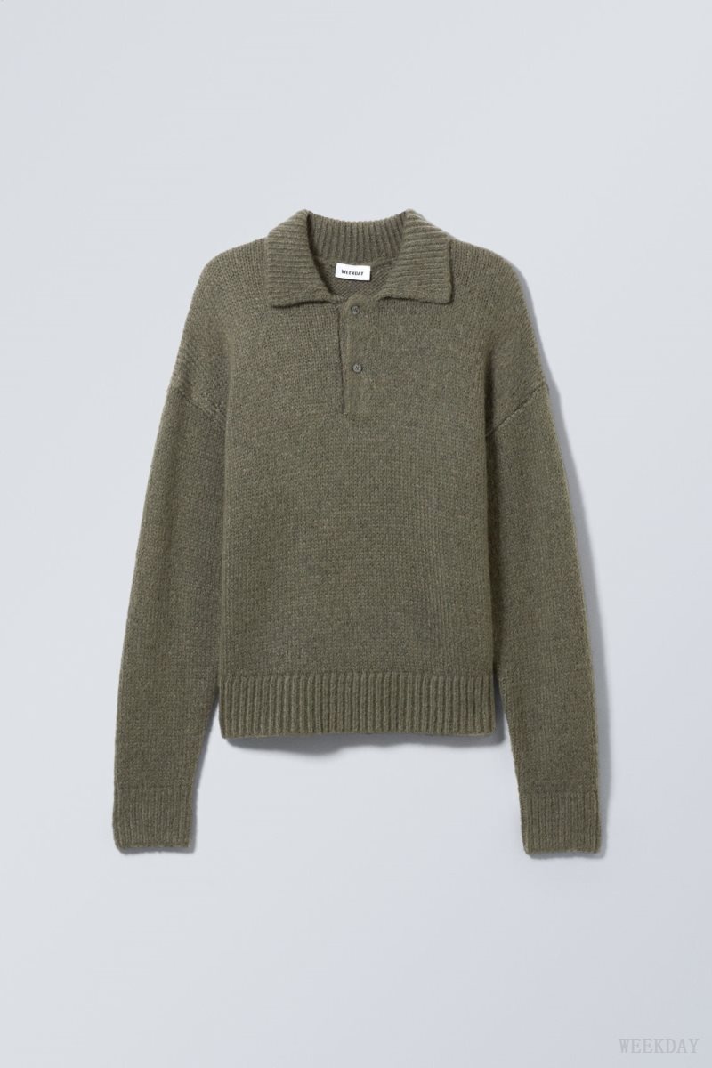 Weekday Bobby Relaxed Knitted Polo Sweater Khaki Green | RBFF4189