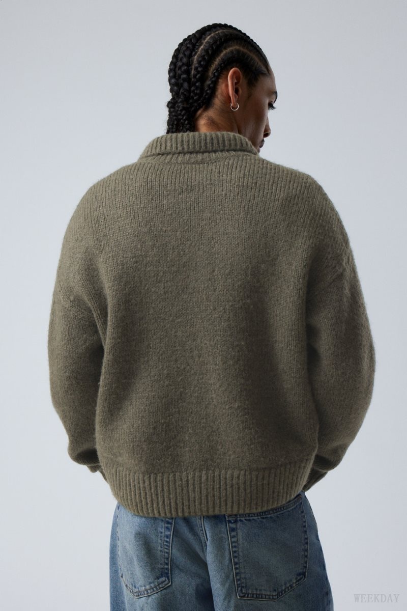 Weekday Bobby Relaxed Knitted Polo Sweater Khaki Green | RBFF4189