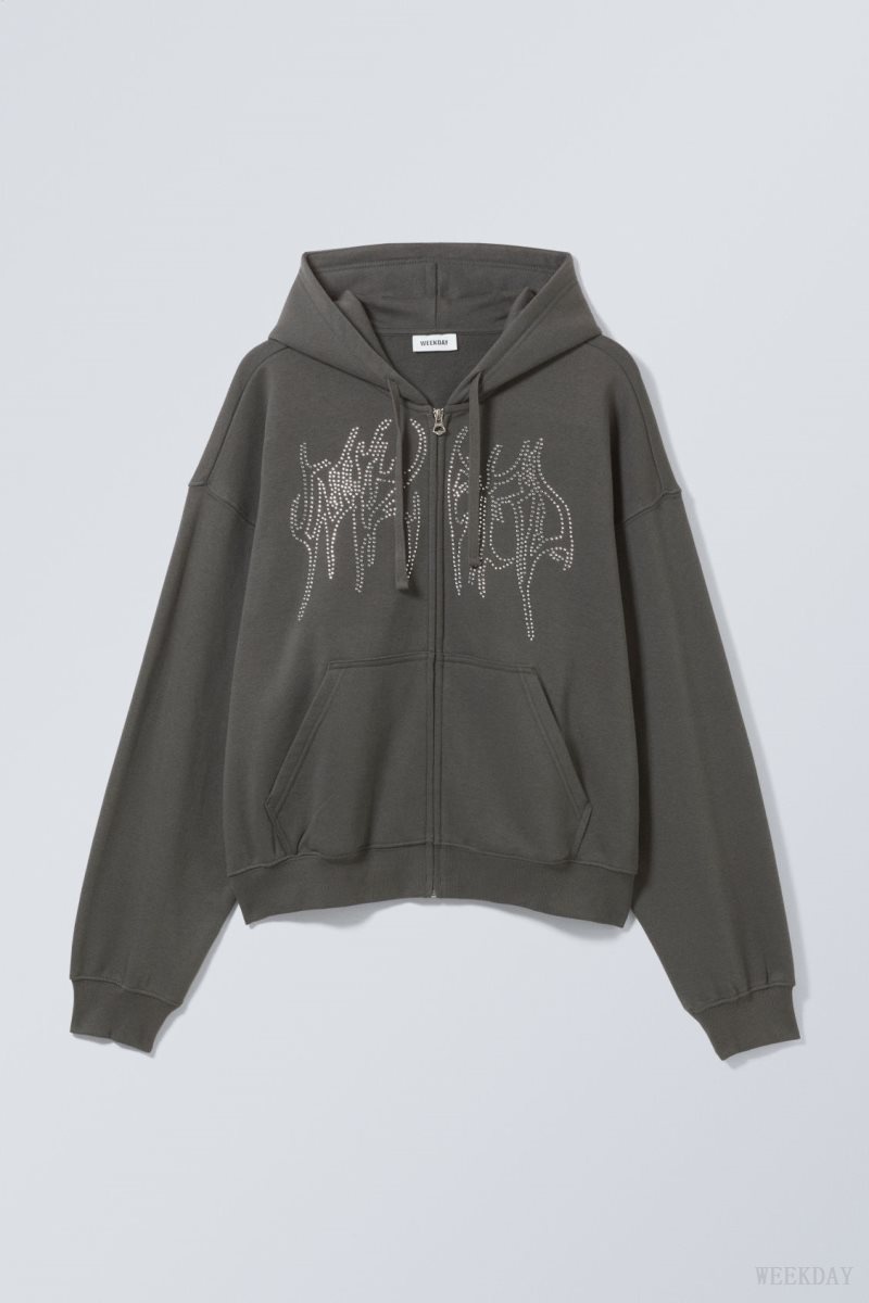 Weekday Boxy Graphic Zip Hoodie Wizard Rhinestones | UMQM0673