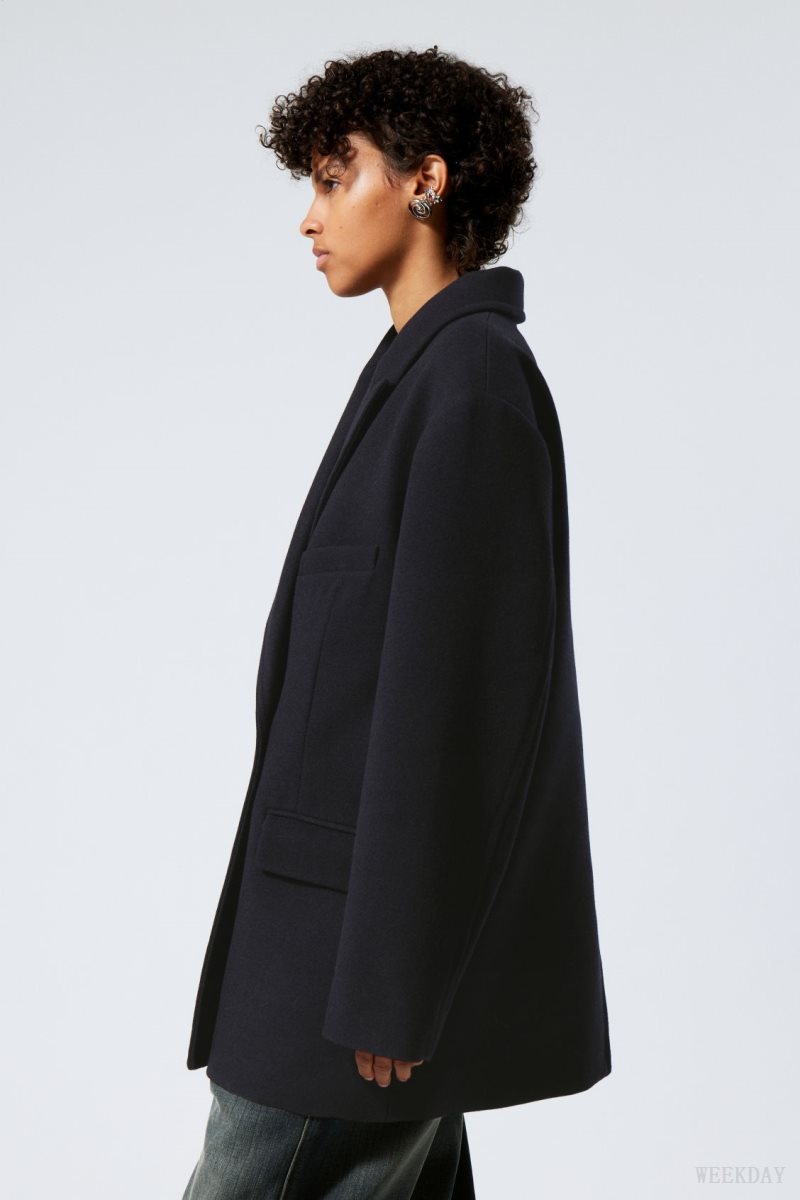 Weekday Carla Oversized Wool Blend Jacket Navy | IPQD4396