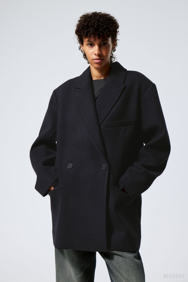 Weekday Carla Oversized Wool Blend Jacket Navy | IPQD4396