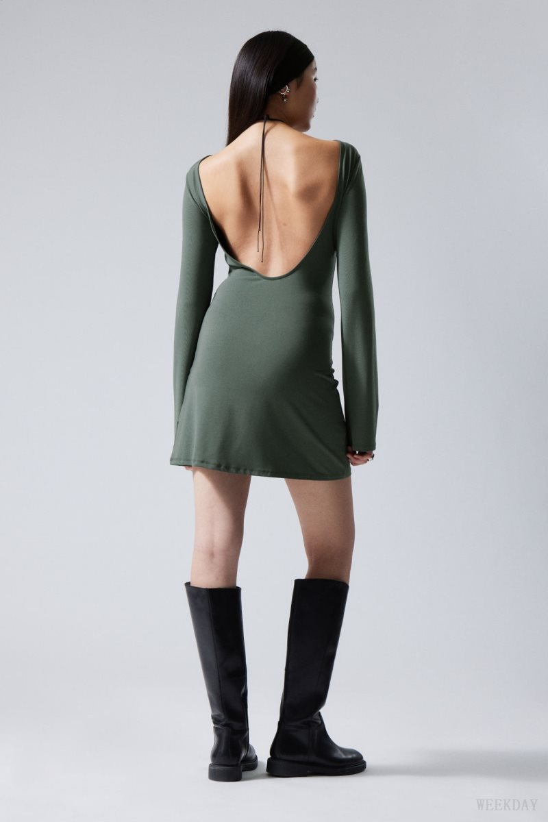 Weekday Clair Open Back Mini Dress Green | VVLS1003