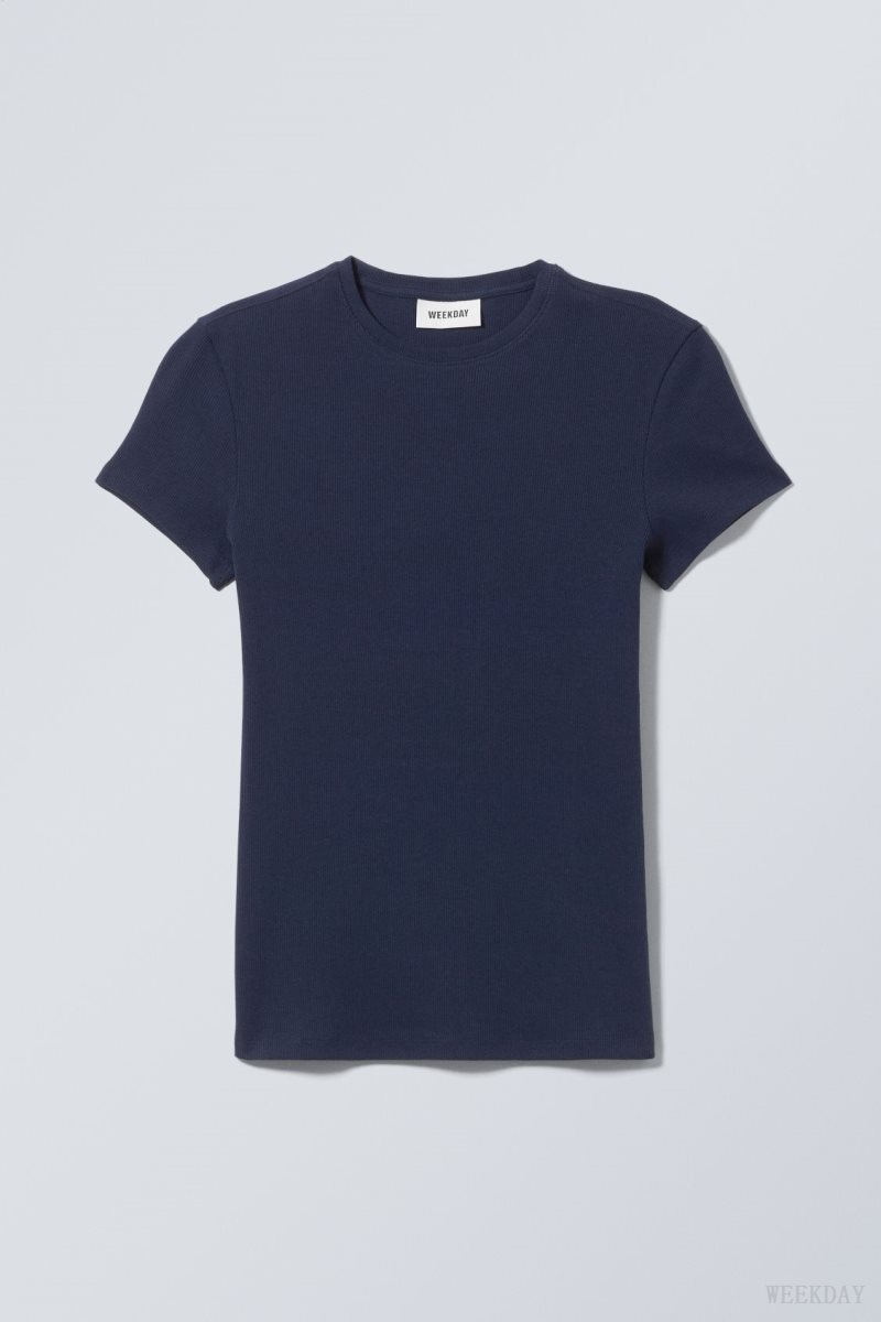 Weekday Close Fitted Rib T-Shirt Dark Blue | VDXS2972