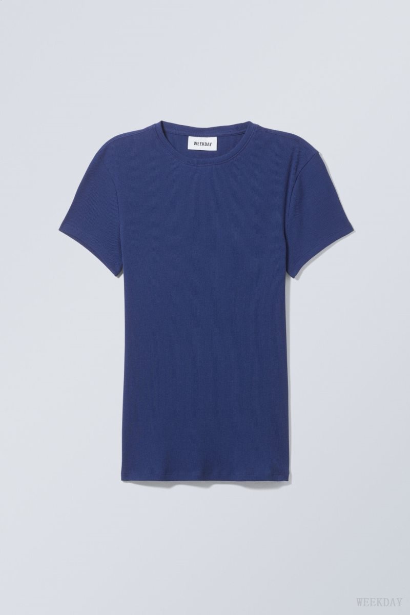 Weekday Close Fitted Rib T-Shirt Navy Blue | YNXH0106