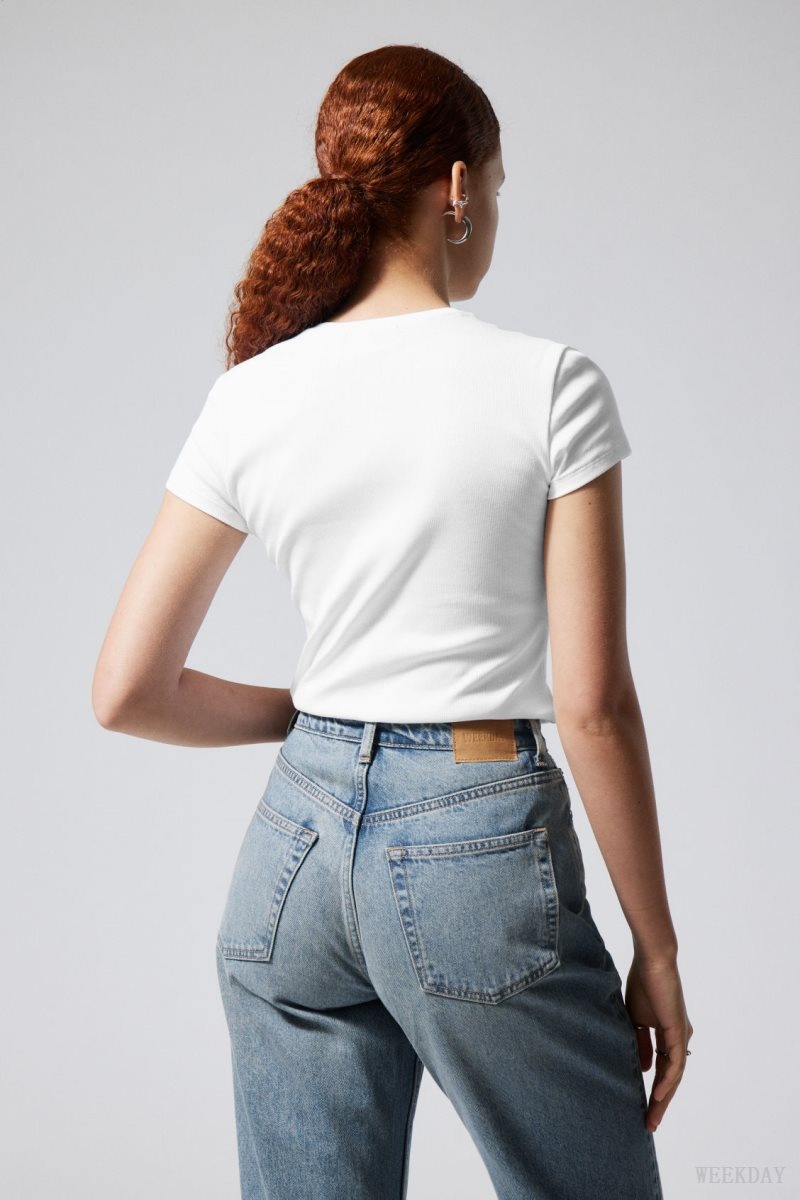 Weekday Close Fitted Rib T-Shirt White | NPJX9372