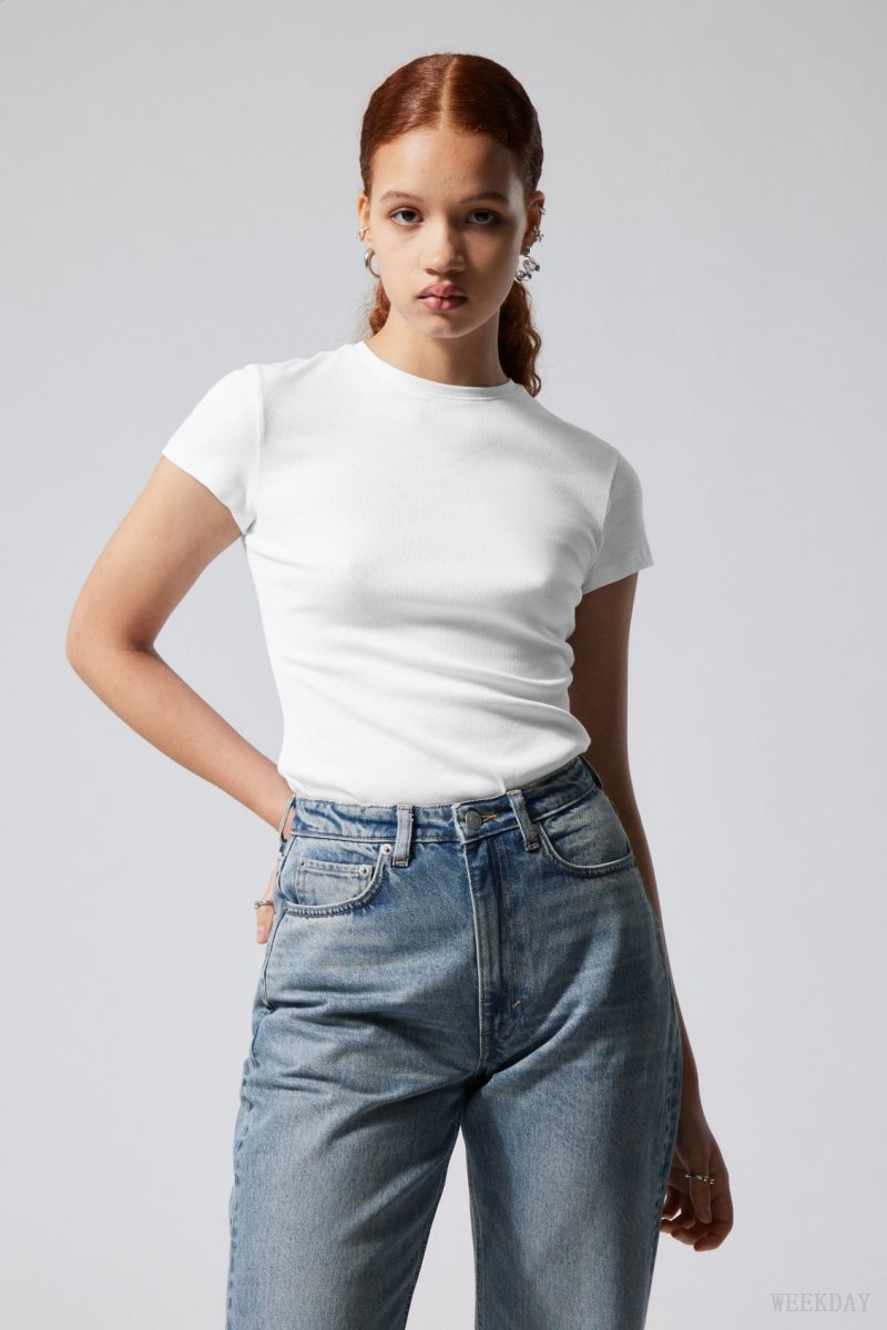 Weekday Close Fitted Rib T-Shirt White | NPJX9372