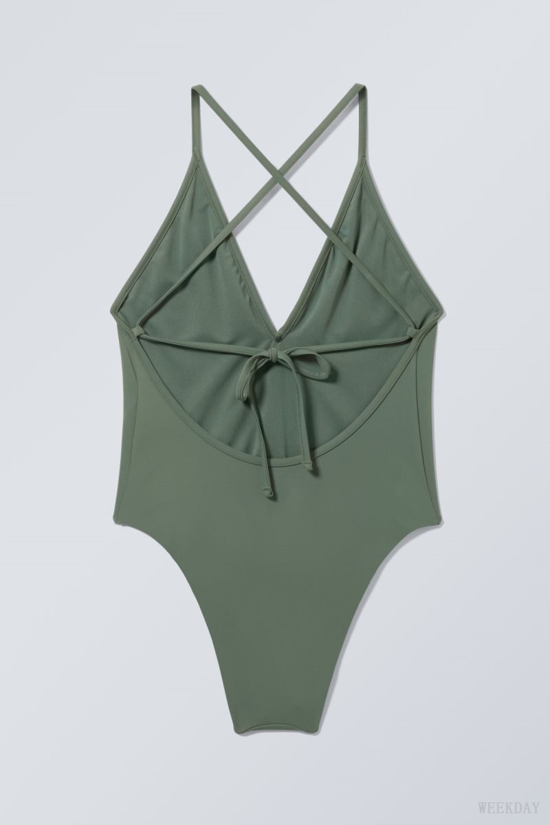 Weekday Deep V-neck Swimsuit Green | CUAP9915