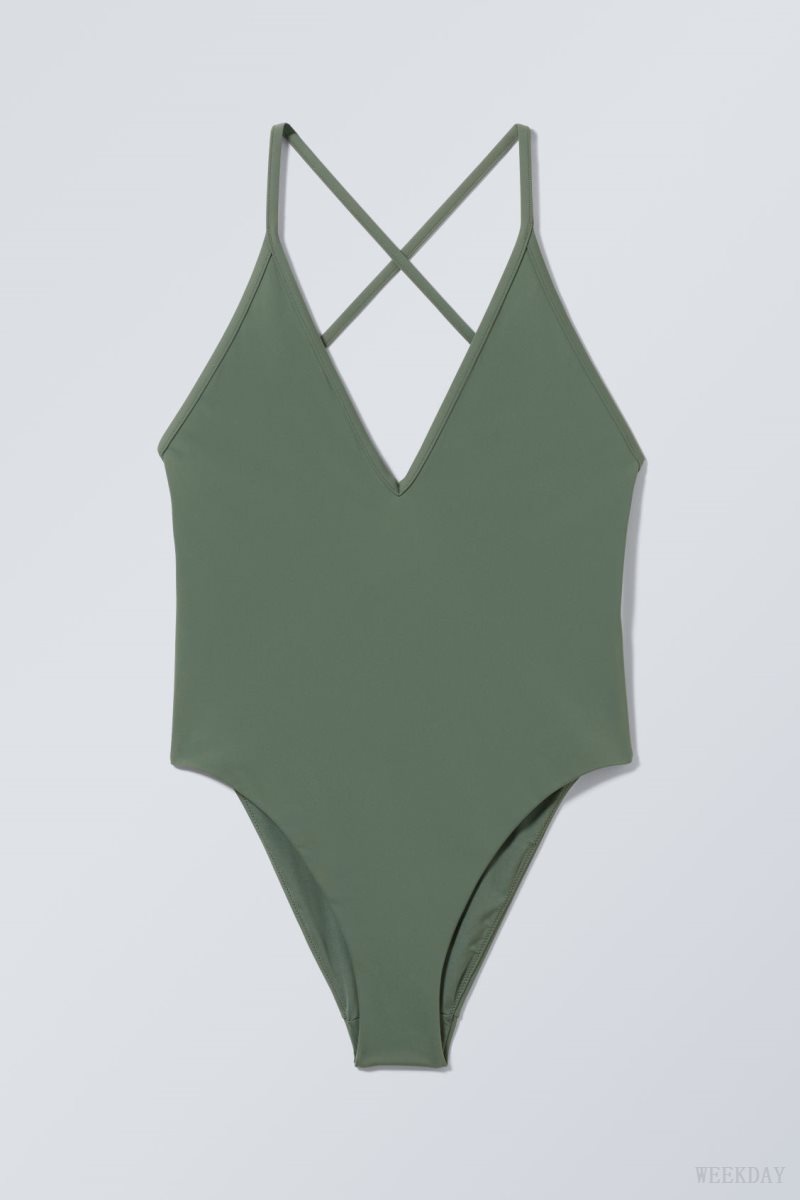 Weekday Deep V-neck Swimsuit Green | CUAP9915