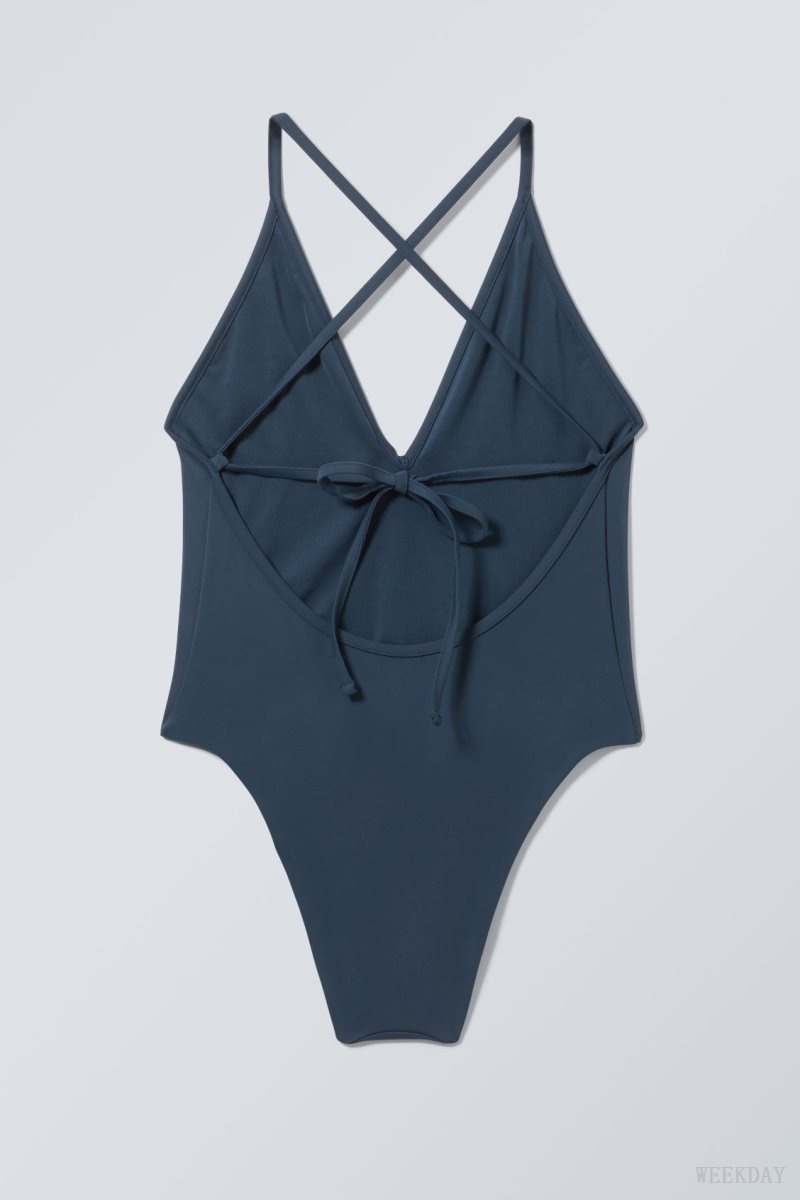 Weekday Deep V-neck Swimsuit Navy | ETTS0549