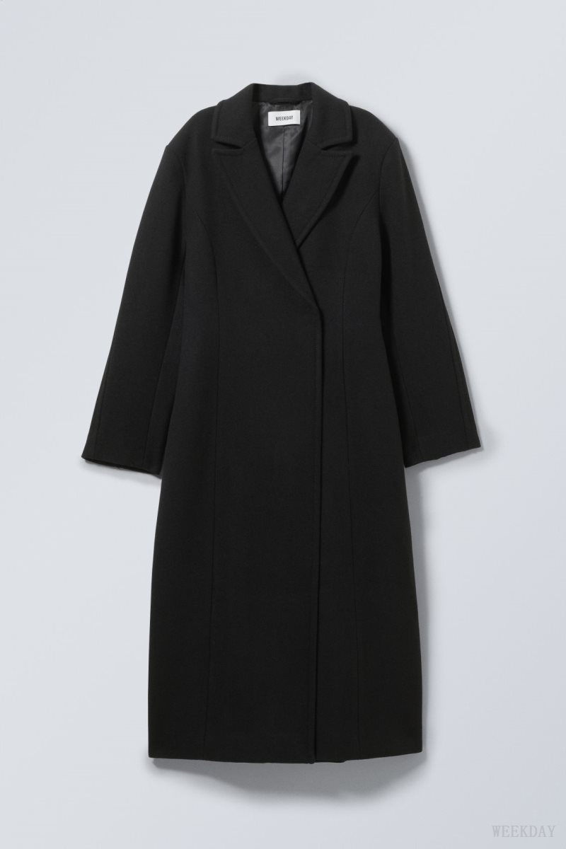 Weekday Delia Waisted Wool Blend Coat Black | EKPV0780