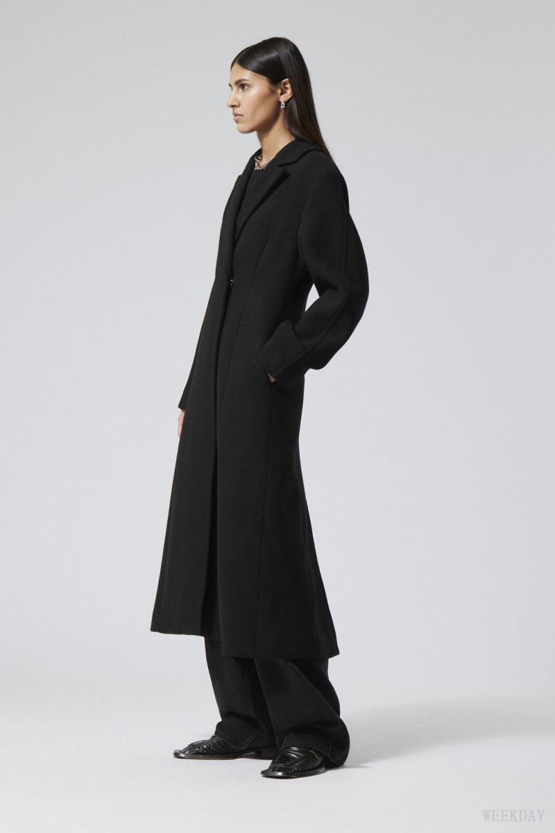 Weekday Delia Waisted Wool Blend Coat Black | EKPV0780