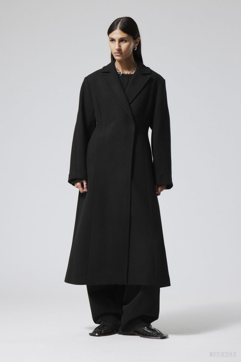 Weekday Delia Waisted Wool Blend Coat Black | EKPV0780