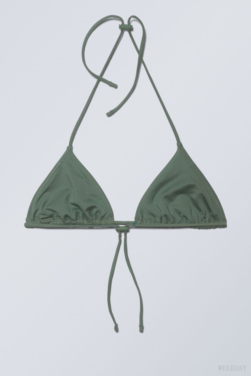 Weekday Drawstring Halter Bikini Top Olive Green | MZET4312