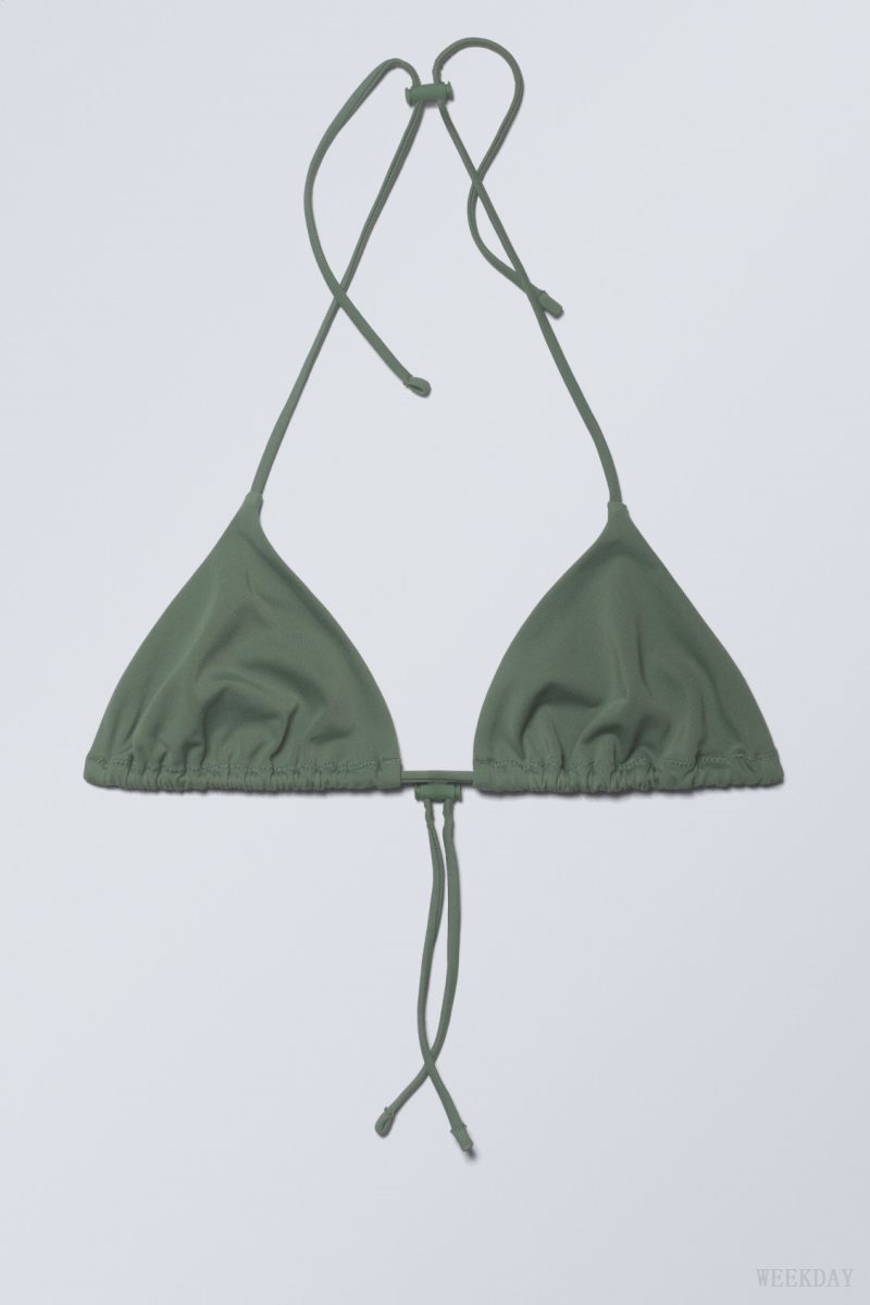 Weekday Drawstring Halter Bikini Top Olive Green | MZET4312