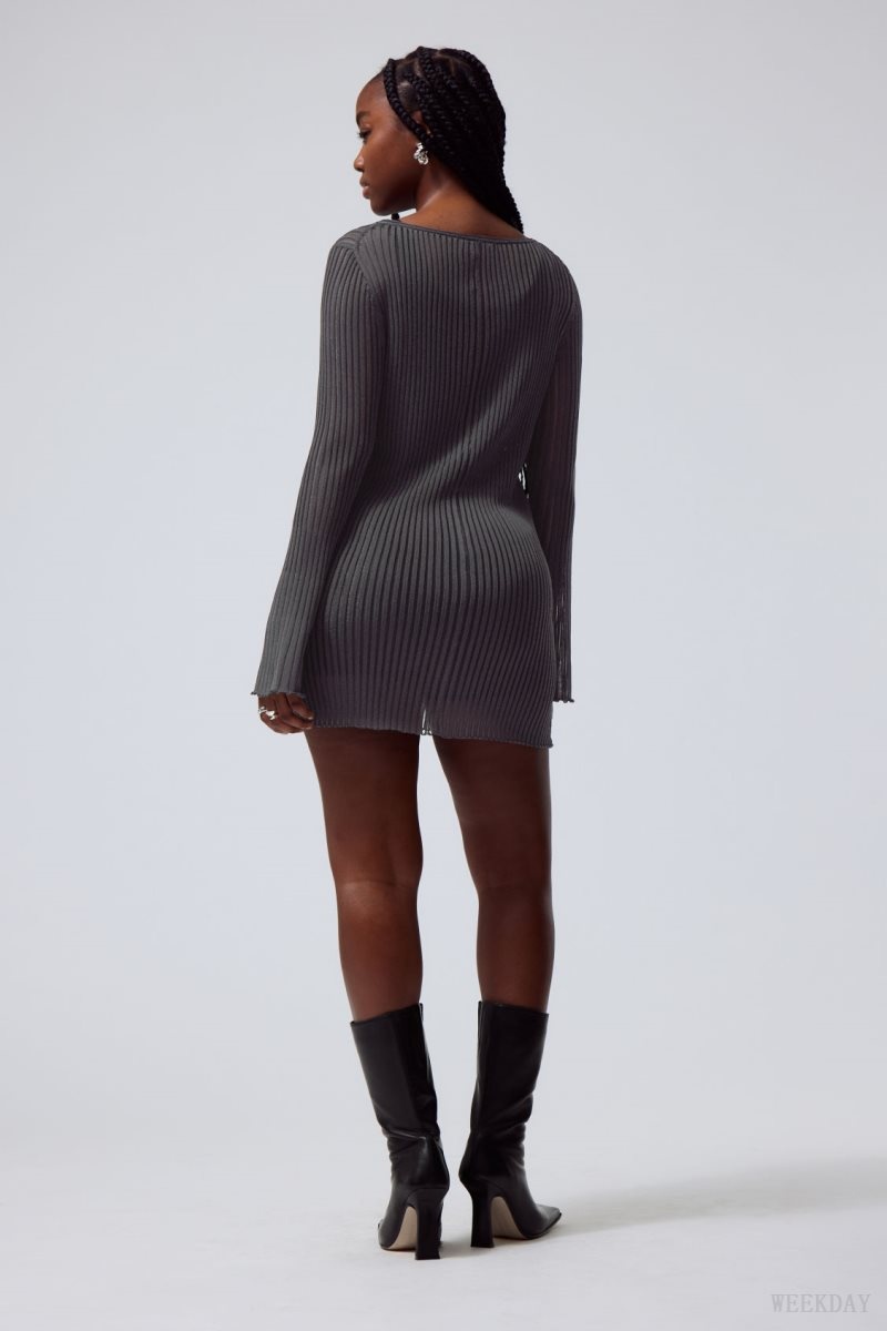 Weekday Eleana Sheer Rib Knit Mini Dress Dark Grey | KEBB4281