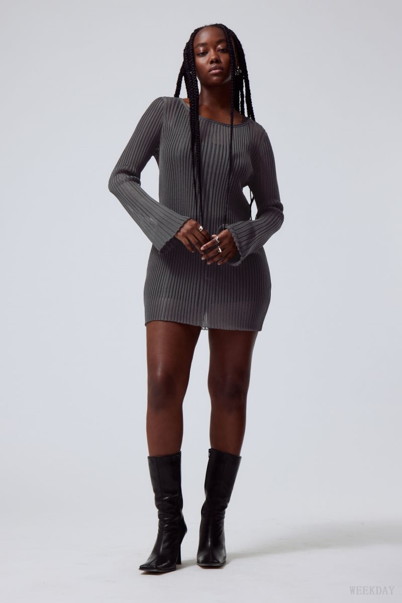 Weekday Eleana Sheer Rib Knit Mini Dress Dark Grey | KEBB4281