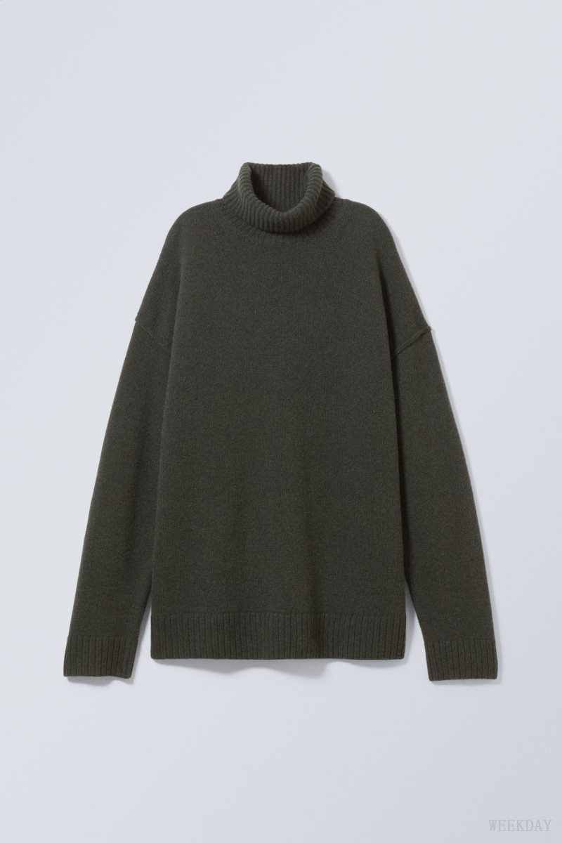 Weekday Eloise Wool Turtleneck Sweater Dark Green | SKLM3440