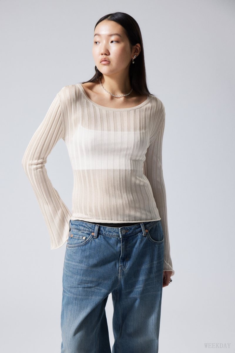 Weekday Enora Sheer Knit Long Sleeve Top Light Mole | ZZPO2094