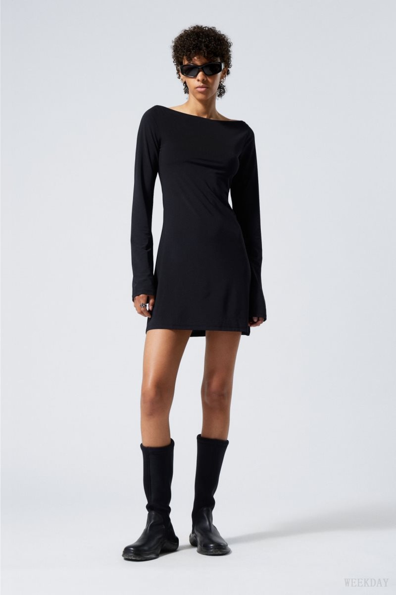 Weekday Era Boat Neck Mini Dress Black | TZIB3563