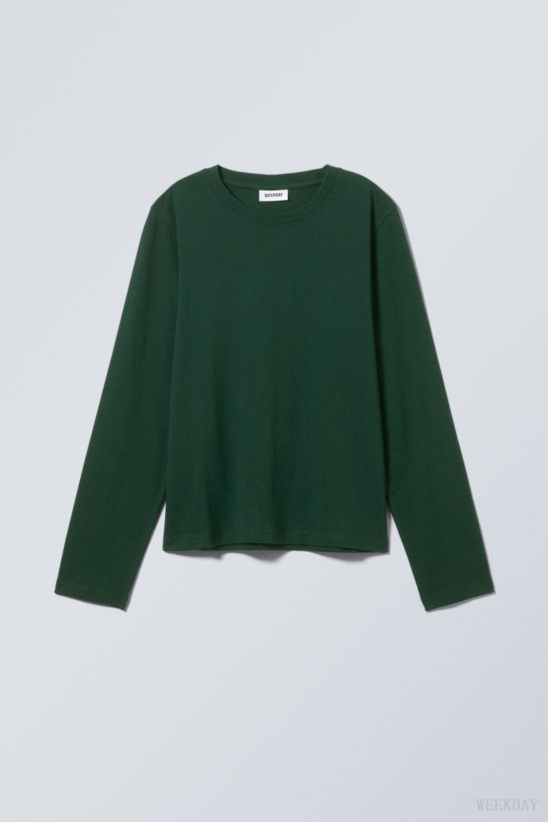 Weekday Essence Standard Long Sleeve Dark Green | WZVB0240